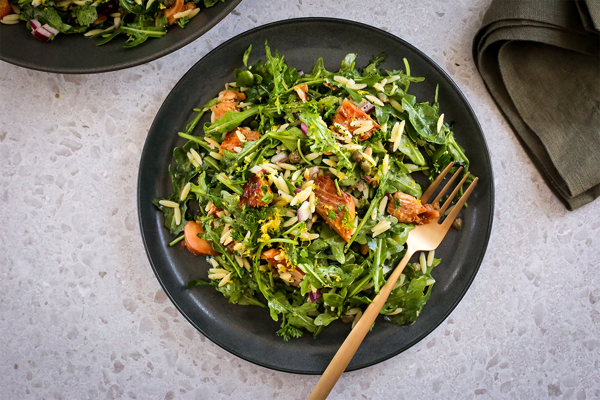Lemon caper orzo salad with rainbow trout